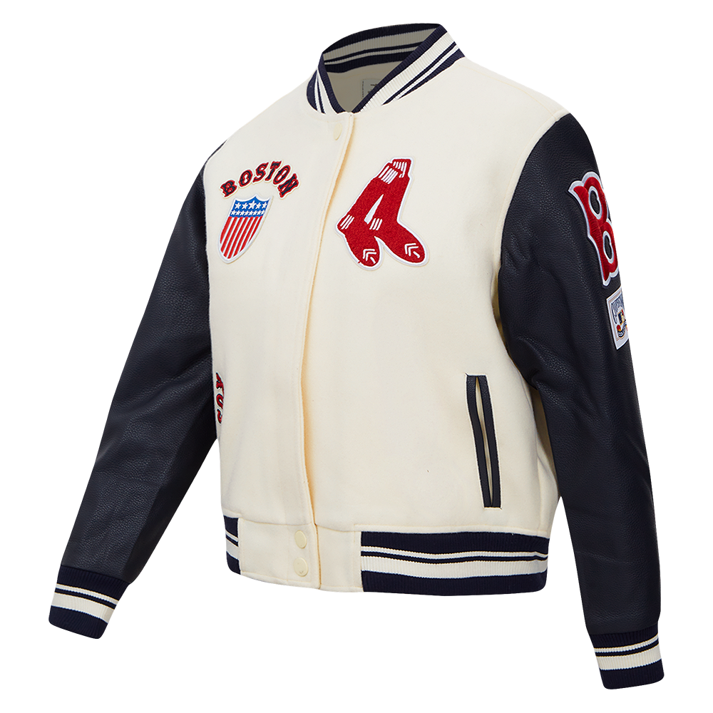 Pro Standard Women's MLB Boston Red Sox Retro Classic Rib Wool Varsity Jacket - Eggshell/Navy - EGGSHELL/NAVY Thumbnail View 3