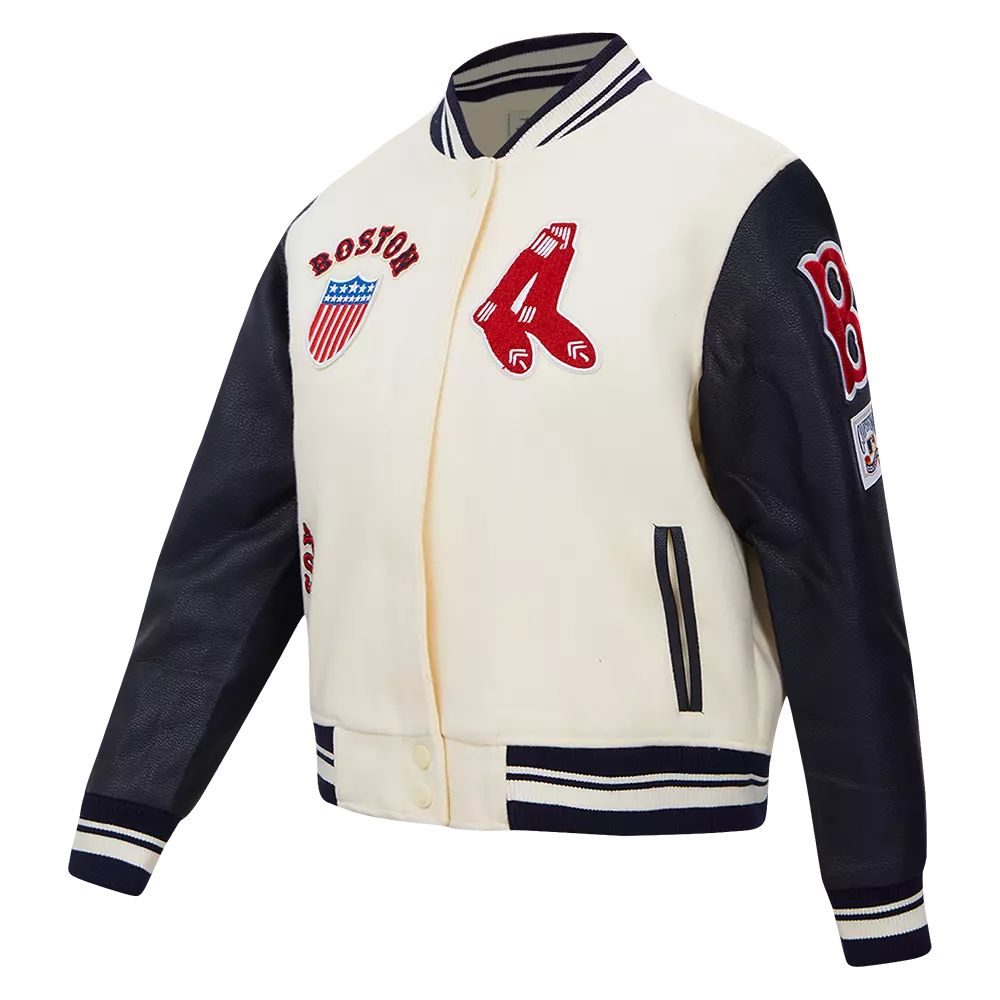 Pro Standard Women's MLB Boston Red Sox Retro Classic Rib Wool Varsity Jacket -Eggshell/Navy - EGGSHELL/NAVY