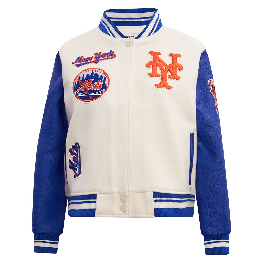 Pro Standard Women's MLB New York Mets Retro Classic Rib Wool Varsity Jacket -Eggshell/Royal Blue - EGGSHELL/ROYAL BLUE Thumbnail View 1