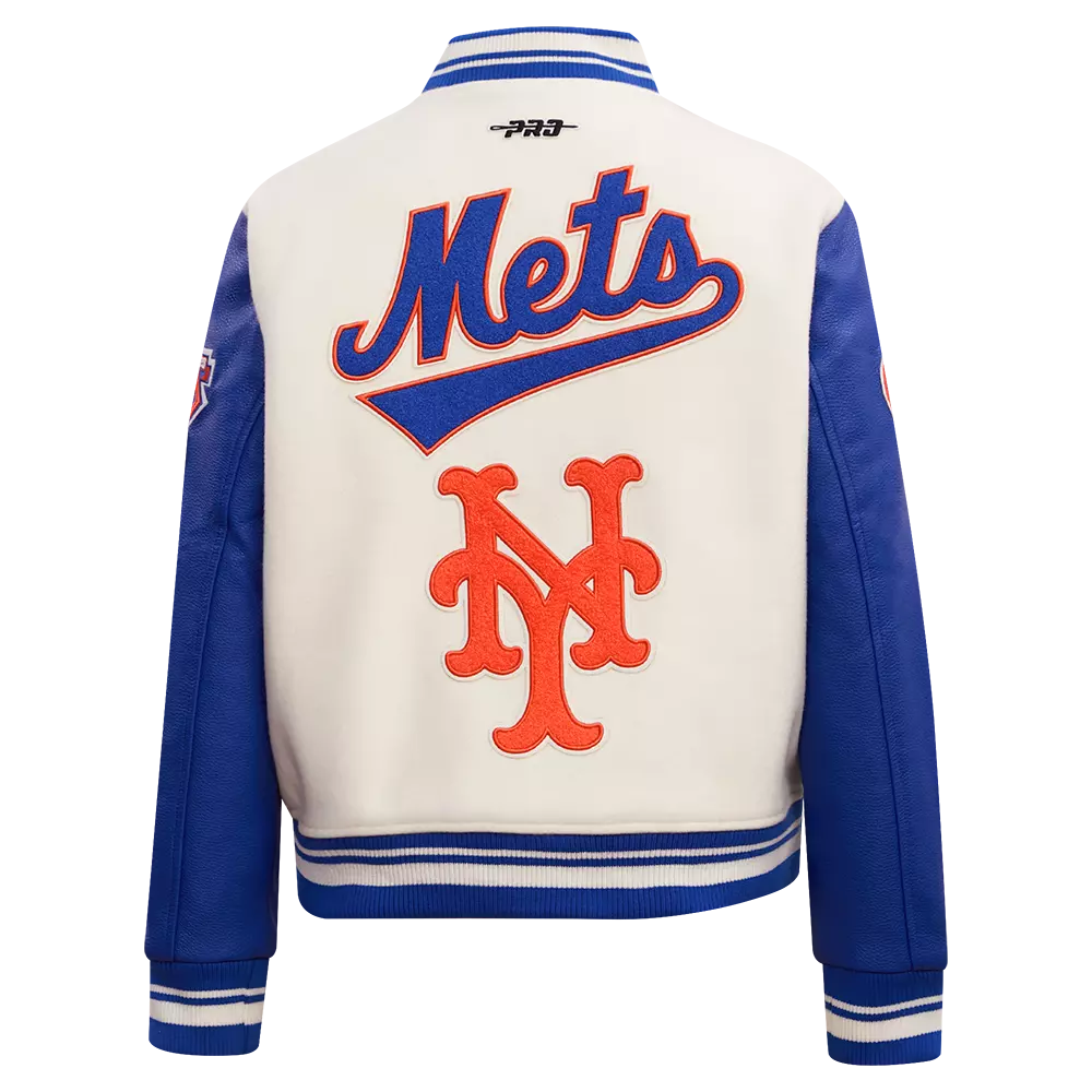 Pro Standard Women's MLB New York Mets Retro Classic Rib Wool Varsity Jacket -Eggshell/Royal Blue - EGGSHELL/ROYAL BLUE