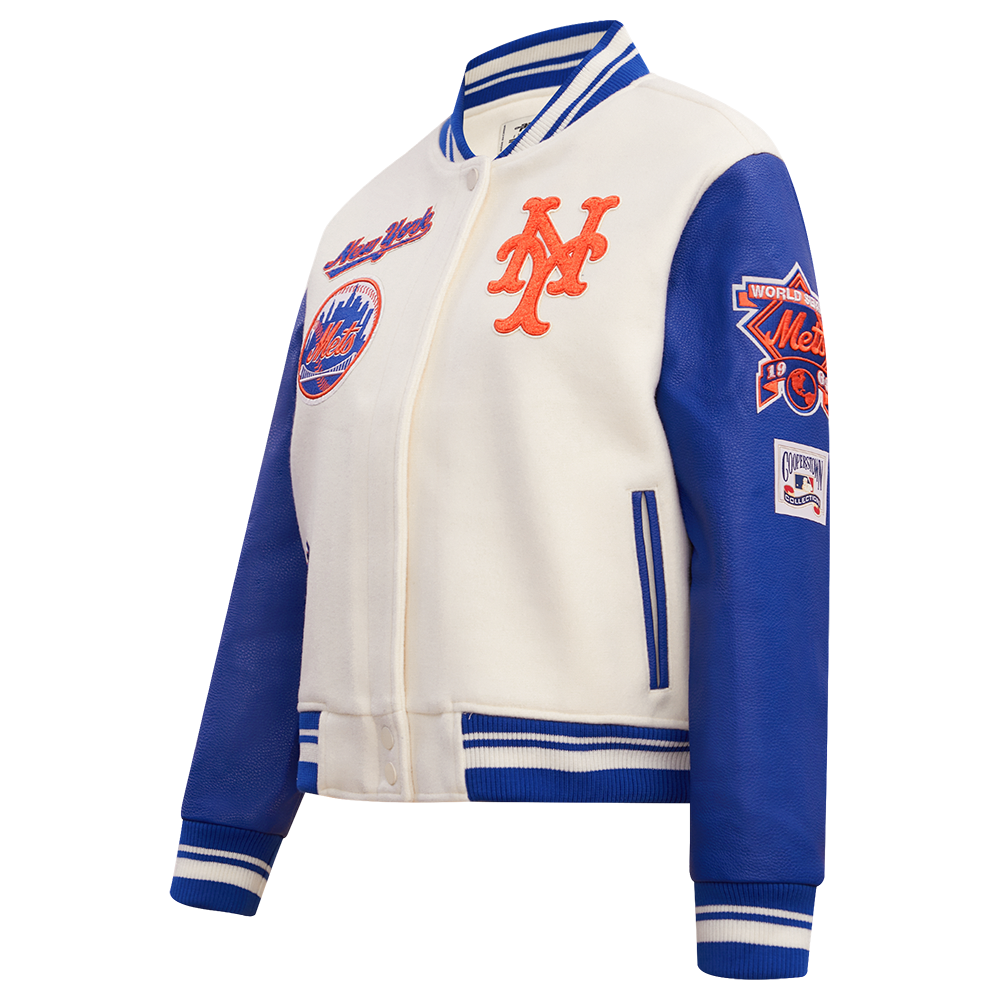 Pro Standard Women's MLB New York Mets Retro Classic Rib Wool Varsity Jacket -Eggshell/Royal Blue - EGGSHELL/ROYAL BLUE Thumbnail View 3