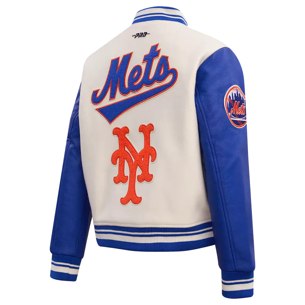 Pro Standard Women's MLB New York Mets Retro Classic Rib Wool Varsity Jacket -Eggshell/Royal Blue - EGGSHELL/ROYAL BLUE