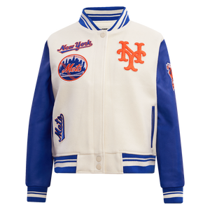 Pro Standard Women's MLB New York Mets Retro Classic Rib Wool Varsity Jacket -Eggshell/Royal Blue