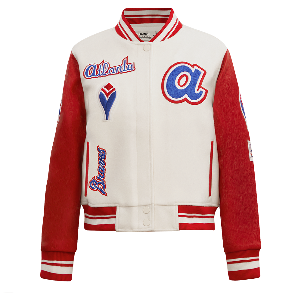 Pro Standard Women's MLB Atlanta Braves Retro Classic Rib Wool Varsity Jacket -Eggshell/Red - EGGSHELL/RED Thumbnail View 1