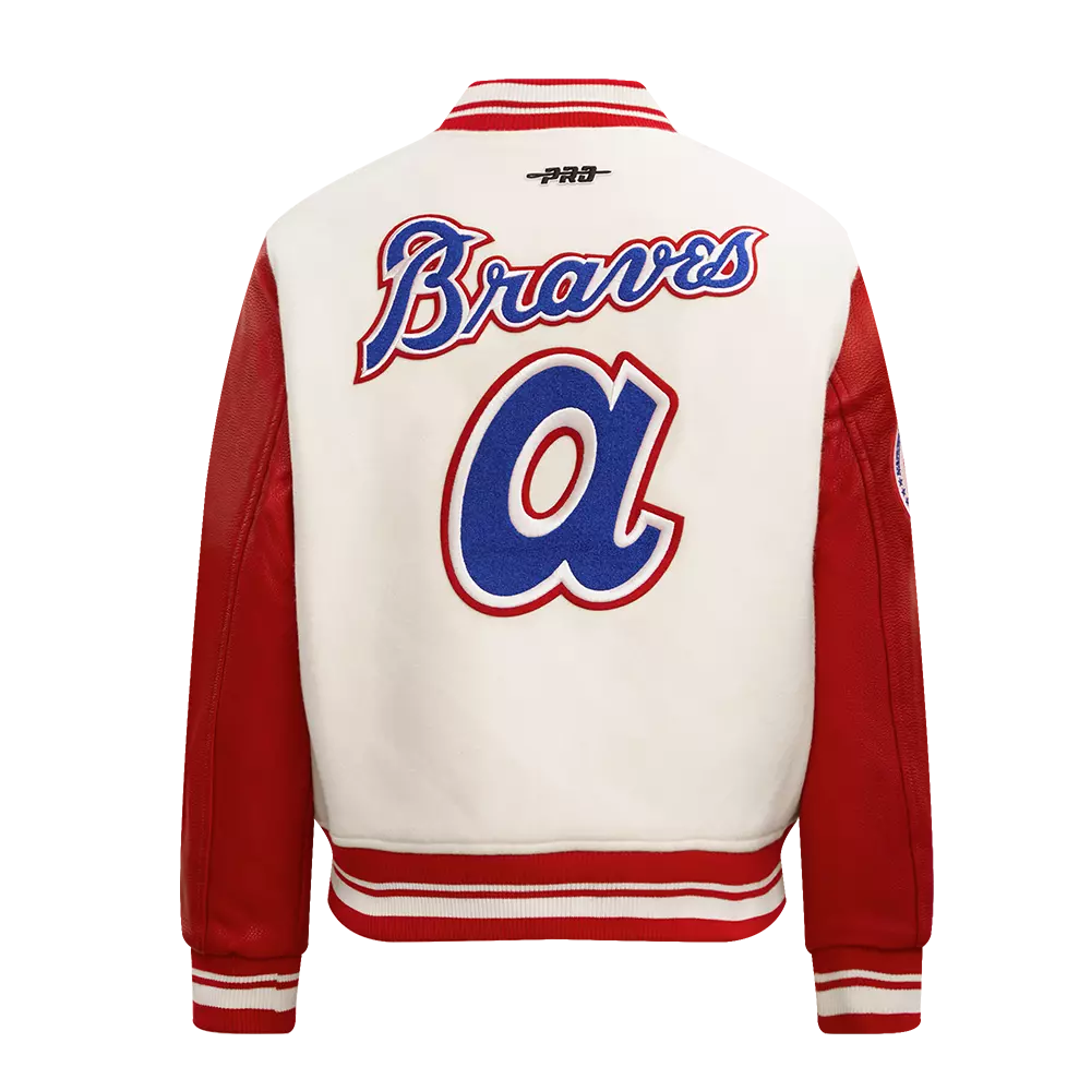 Pro Standard Women's MLB Atlanta Braves Retro Classic Rib Wool Varsity Jacket -Eggshell/Red - EGGSHELL/RED