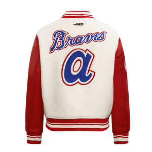 Pro Standard Women's MLB Atlanta Braves Retro Classic Rib Wool Varsity Jacket -Eggshell/Red