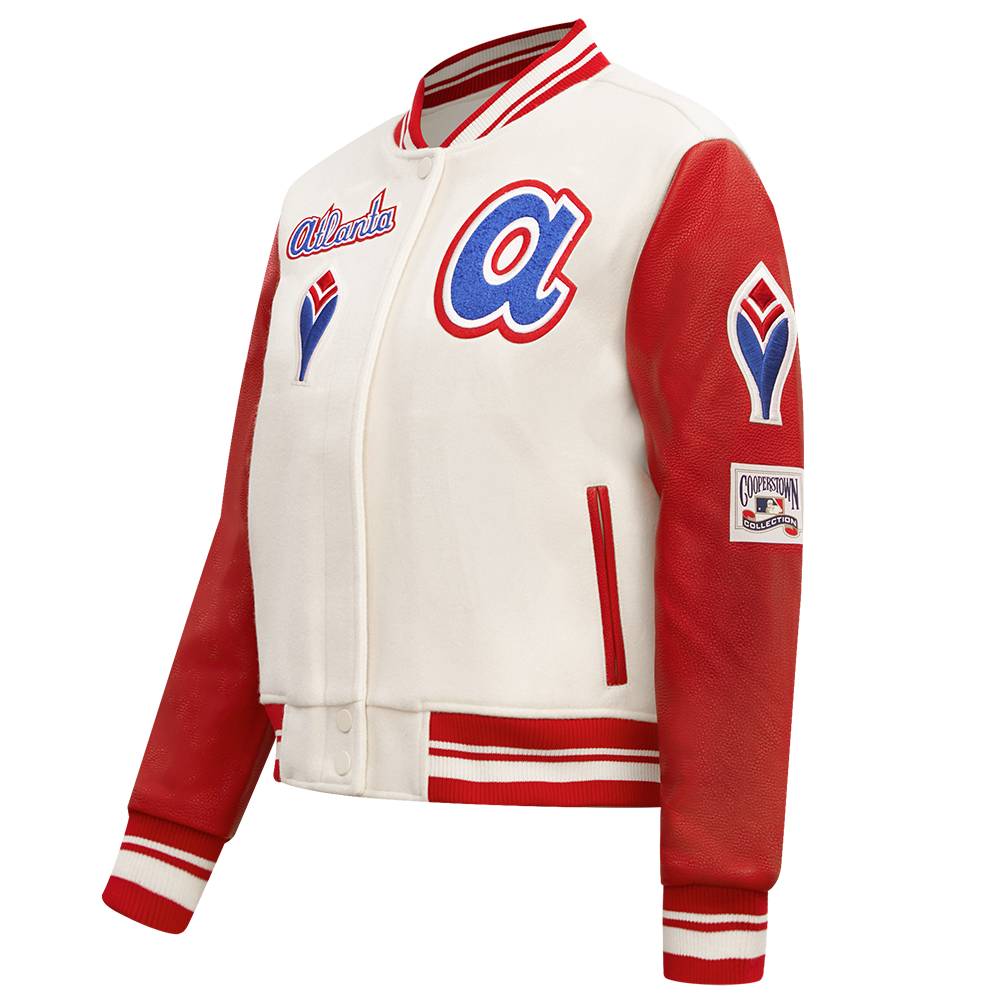 Pro Standard Women's MLB Atlanta Braves Retro Classic Rib Wool Varsity Jacket - Eggshell/Red - EGGSHELL/RED Thumbnail View 3