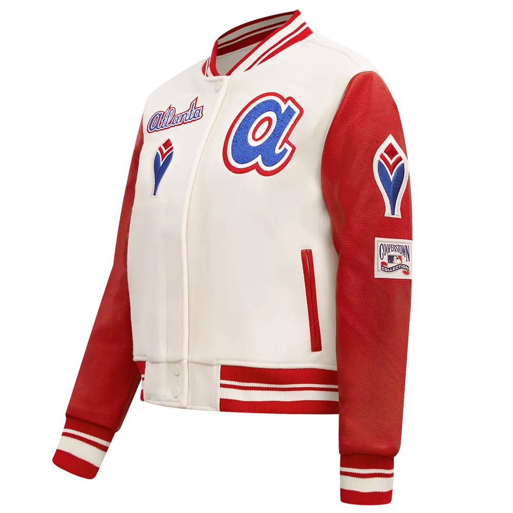 Pro Standard Women's MLB Atlanta Braves Retro Classic Rib Wool Varsity Jacket - Eggshell/Red - EGGSHELL/RED
