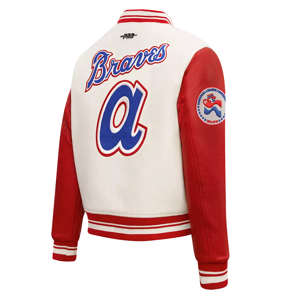 Pro Standard Women's MLB Atlanta Braves Retro Classic Rib Wool Varsity Jacket - Eggshell/Red - EGGSHELL/RED