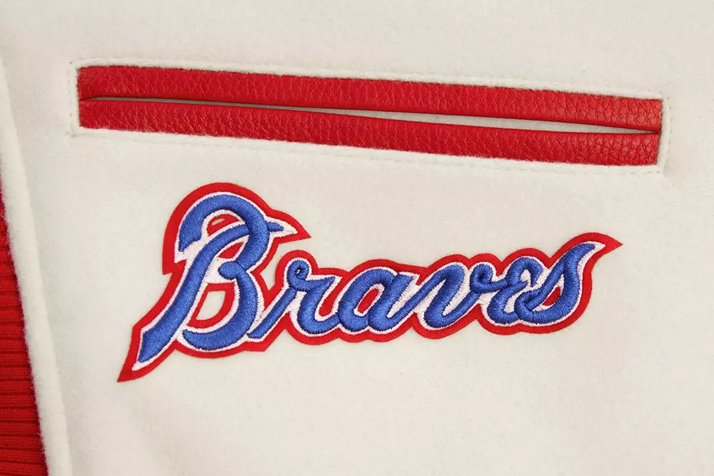 Pro Standard Women's MLB Atlanta Braves Retro Classic Rib Wool Varsity Jacket -Eggshell/Red - EGGSHELL/RED