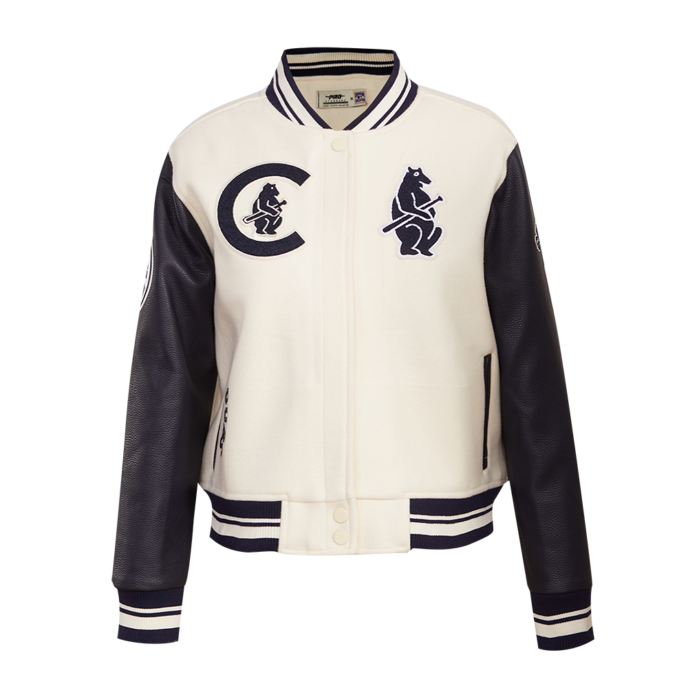 Pro Standard Women's MLB Chicago Cubs Retro Classic Rib Wool Varsity Jacket - Eggshell/Navy - EGGSHELL/NAVY Thumbnail View 1