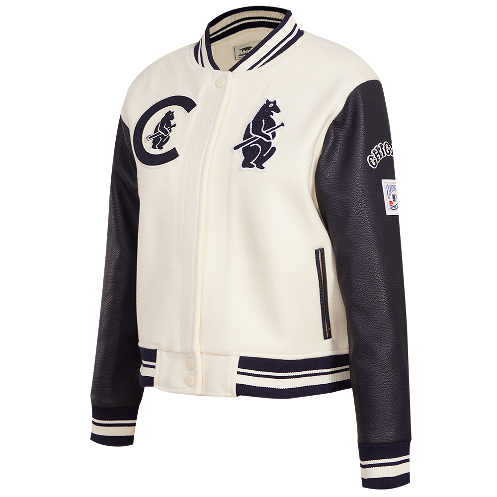 Pro Standard Women's MLB Chicago Cubs Retro Classic Rib Wool Varsity Jacket - Eggshell/Navy - EGGSHELL/NAVY Thumbnail View 3