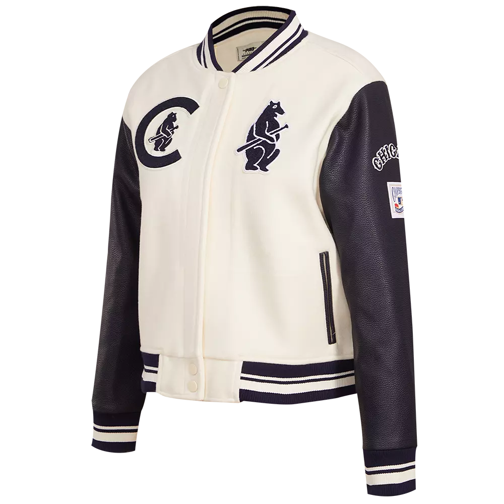 Pro Standard Women's MLB Chicago Cubs Retro Classic Rib Wool Varsity Jacket -Eggshell/Navy - EGGSHELL/NAVY
