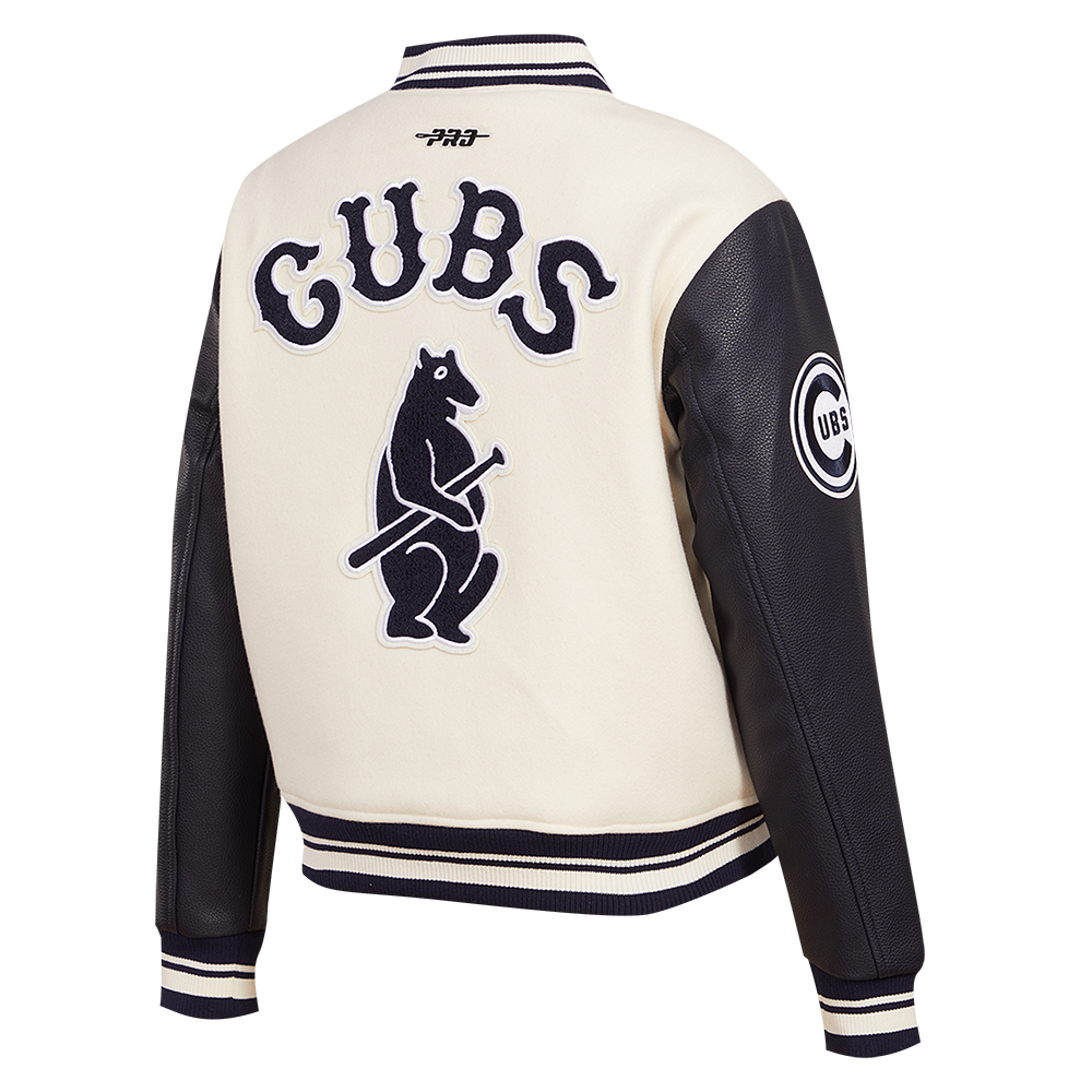 Pro Standard Women's MLB Chicago Cubs Retro Classic Rib Wool Varsity Jacket - Eggshell/Navy - EGGSHELL/NAVY Thumbnail View 4