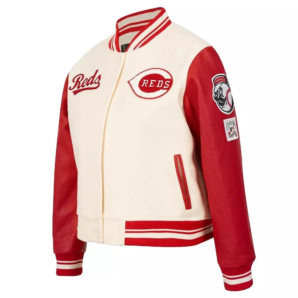 Pro Standard Women's MLB Cincinnati Reds Retro Classic Rib Wool Varsity Jacket -Eggshell/Red - EGGSHELL/RED