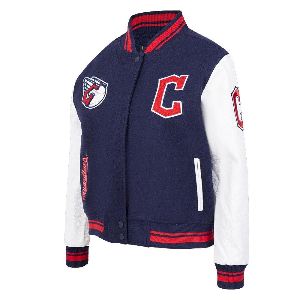Pro Standard Women's MLB Cleveland Guardians Retro Classic Rib Wool Varsity Jacket - Eggshell/Navy - EGGSHELL/NAVY Thumbnail View 3