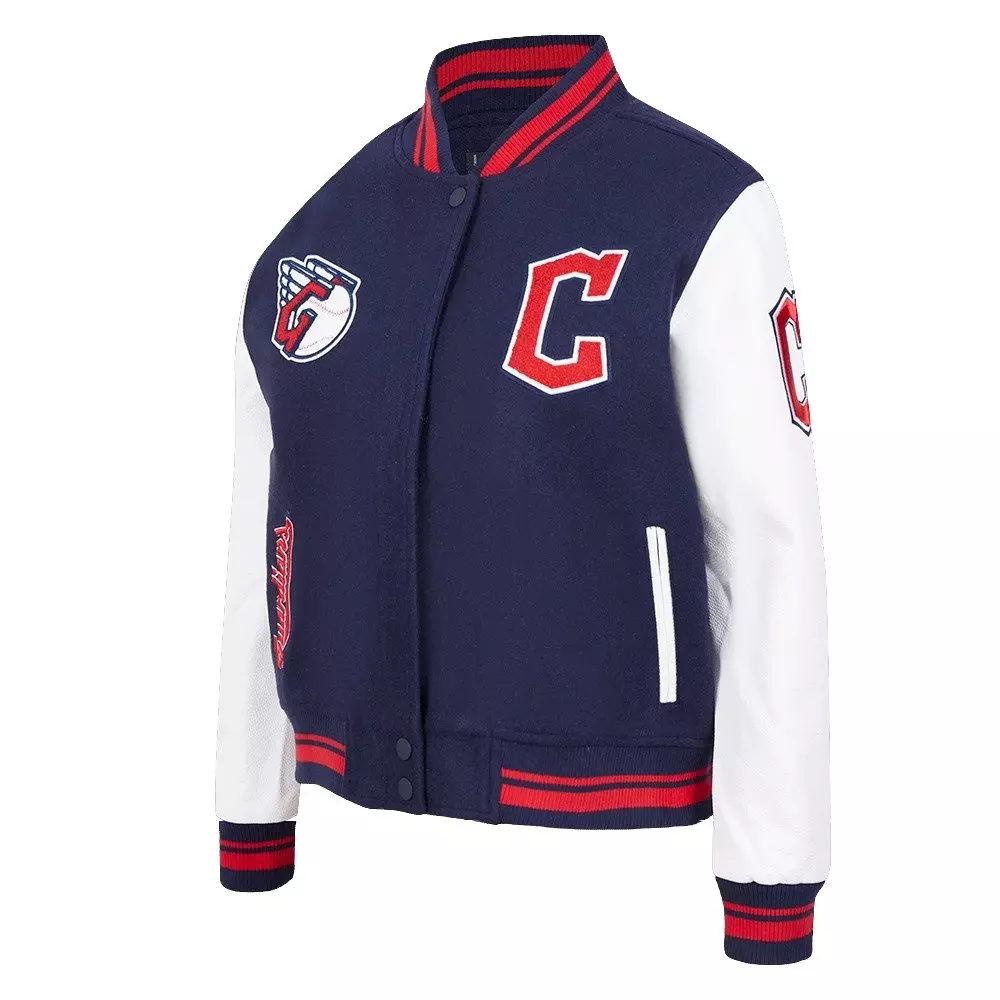 Pro Standard Women's MLB Cleveland Guardians Retro Classic Rib Wool Varsity Jacket -Eggshell/Navy - EGGSHELL/NAVY