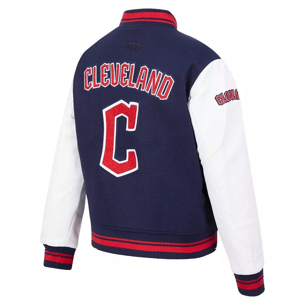 Pro Standard Women's MLB Cleveland Guardians Retro Classic Rib Wool Varsity Jacket - Eggshell/Navy - EGGSHELL/NAVY