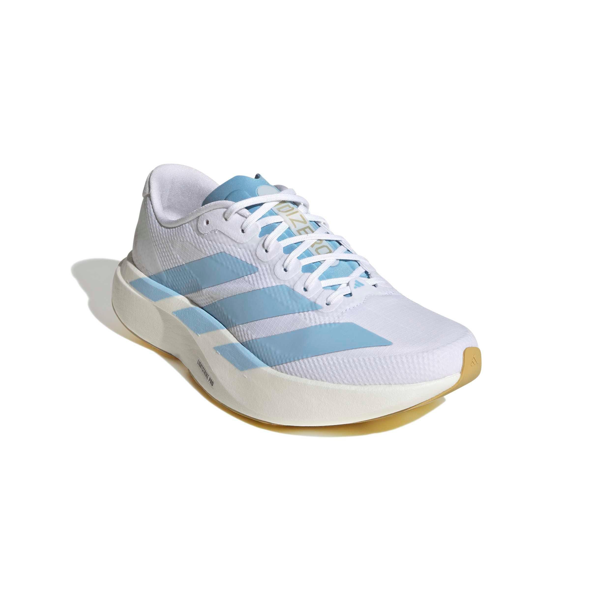 adidas Adizero EVO SL "Ftwr White/Clear Blue/Matte Gold" Women's Running Shoe - WHITE/BLUE/GOLD Thumbnail View 3