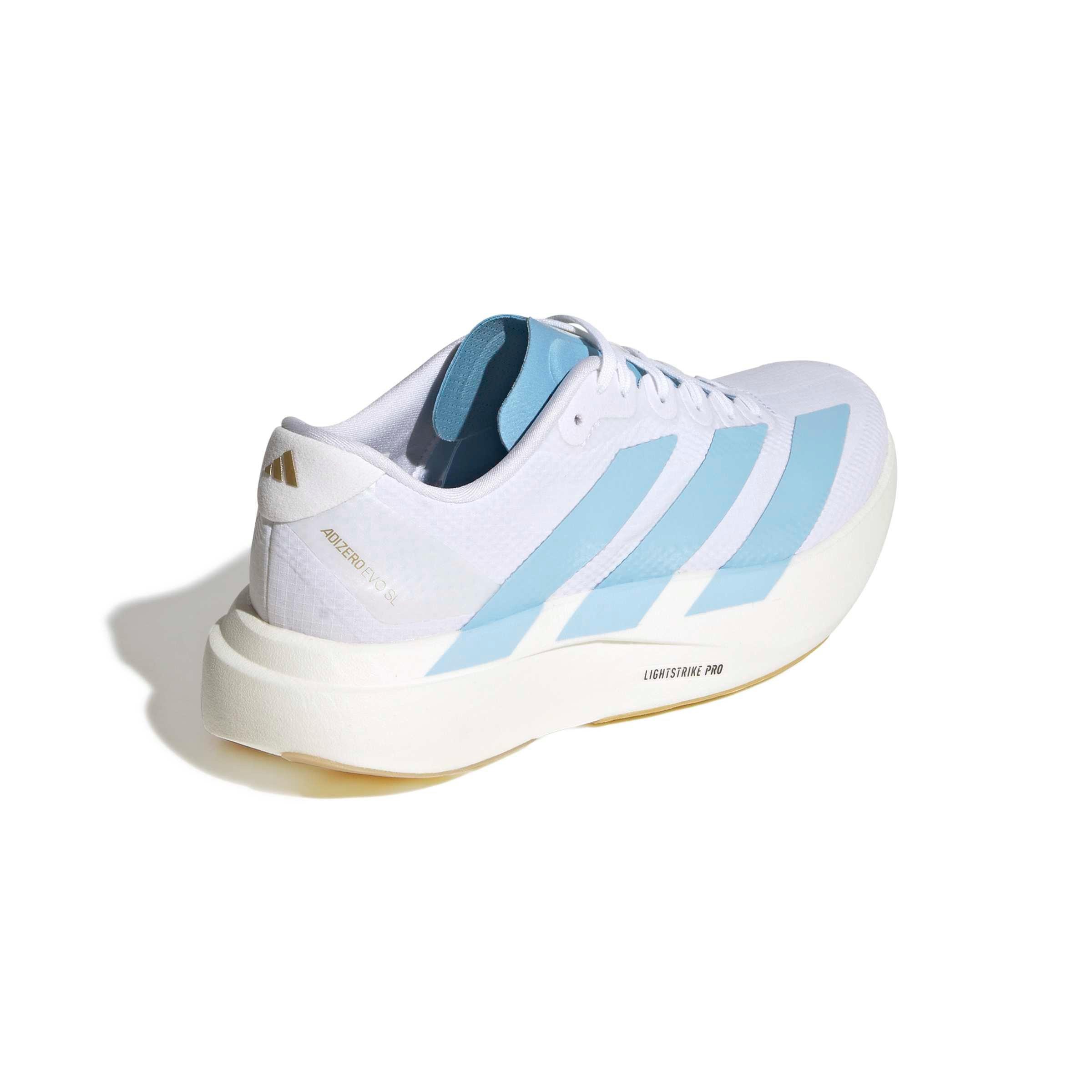 adidas Adizero EVO SL "Ftwr White/Clear Blue/Matte Gold" Women's Running Shoe - WHITE/BLUE/GOLD Thumbnail View 4