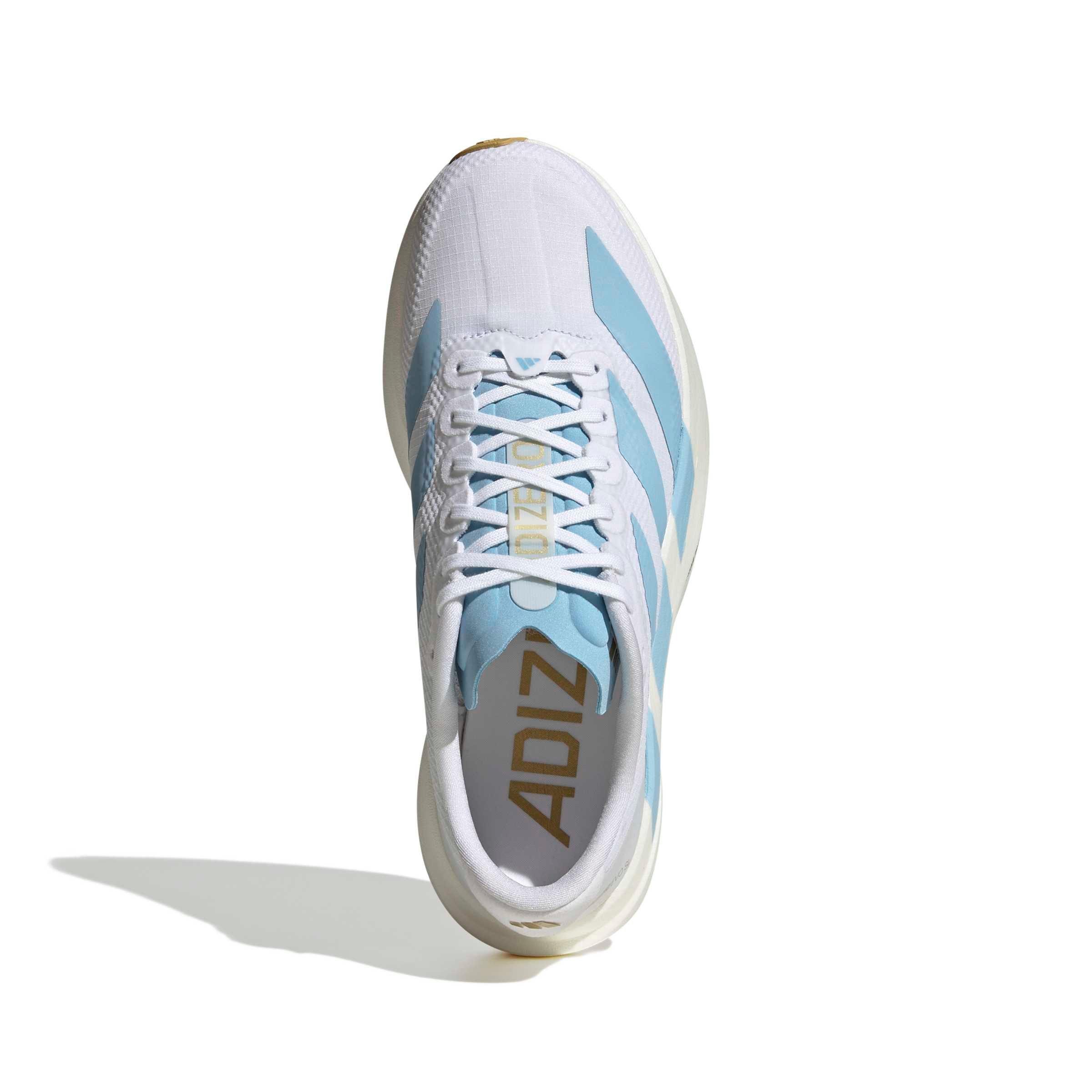 adidas Adizero EVO SL "Ftwr White/Clear Blue/Matte Gold" Women's Running Shoe - WHITE/BLUE/GOLD Thumbnail View 5