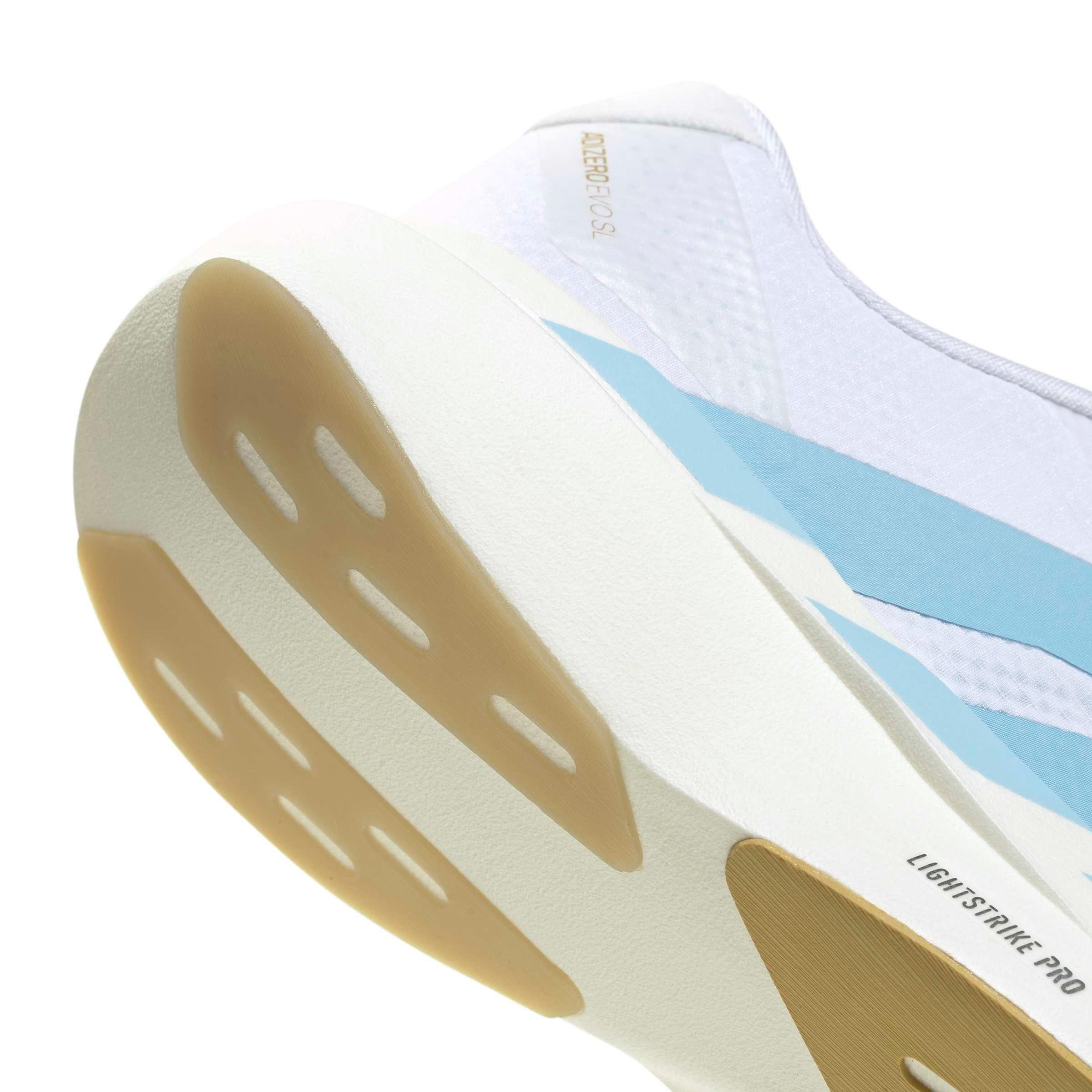 adidas Adizero EVO SL "Ftwr White/Clear Blue/Matte Gold" Women's Running Shoe - WHITE/BLUE/GOLD Thumbnail View 7