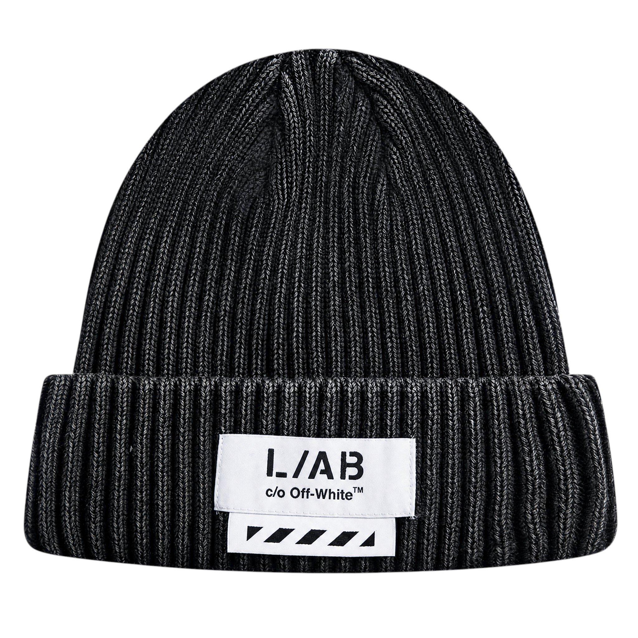 L/AB c/o Off-White Stacked Diagonal Woven Label Cuff Beanie - Black - BLACK
