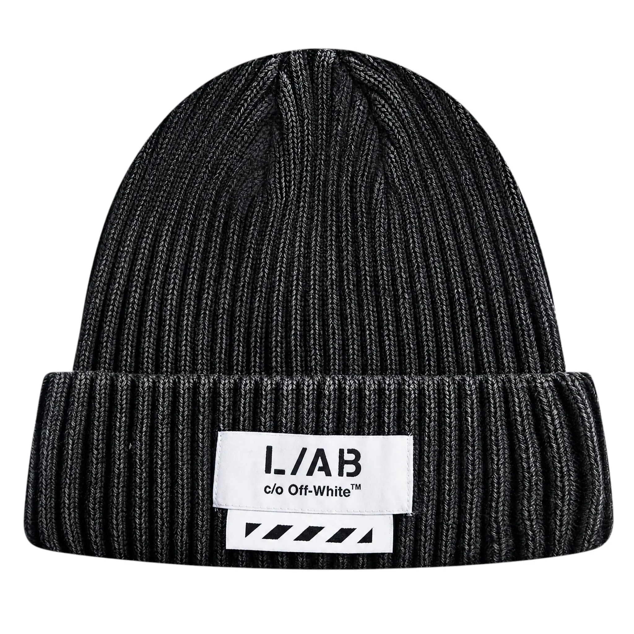 L/AB c/o Off-White Stacked Diagonal Woven Label Cuff Beanie - Black - BLACK