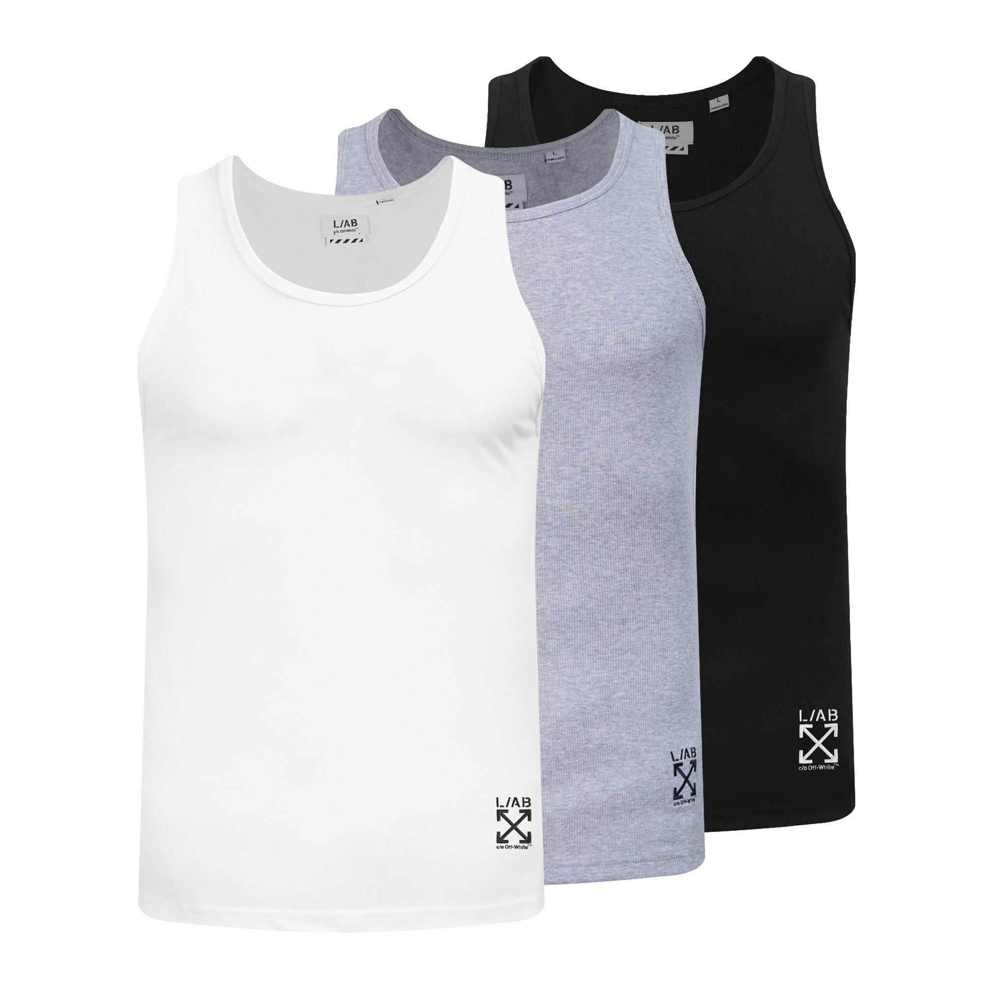 L/AB c/o Off-White Clamp Arrows Slim Fit Ribbed Tank Tops (3 Pack) - Black/White/Grey - BLACK/WHITE/GREY