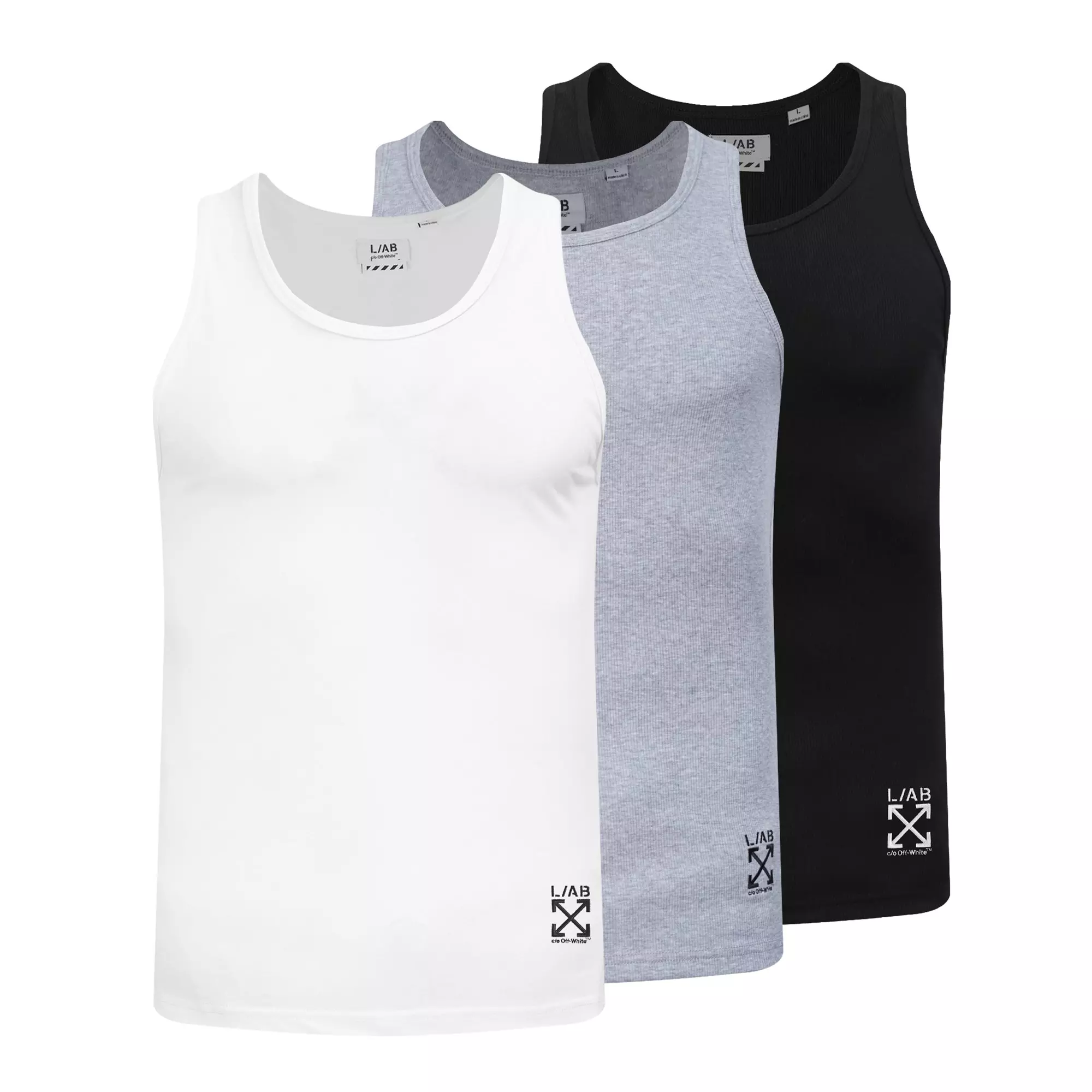 L/AB c/o Off-White Clamp Arrows Slim Fit Ribbed Tank Tops (3 Pack) - Black/White/Grey - BLACK/WHITE/GREY