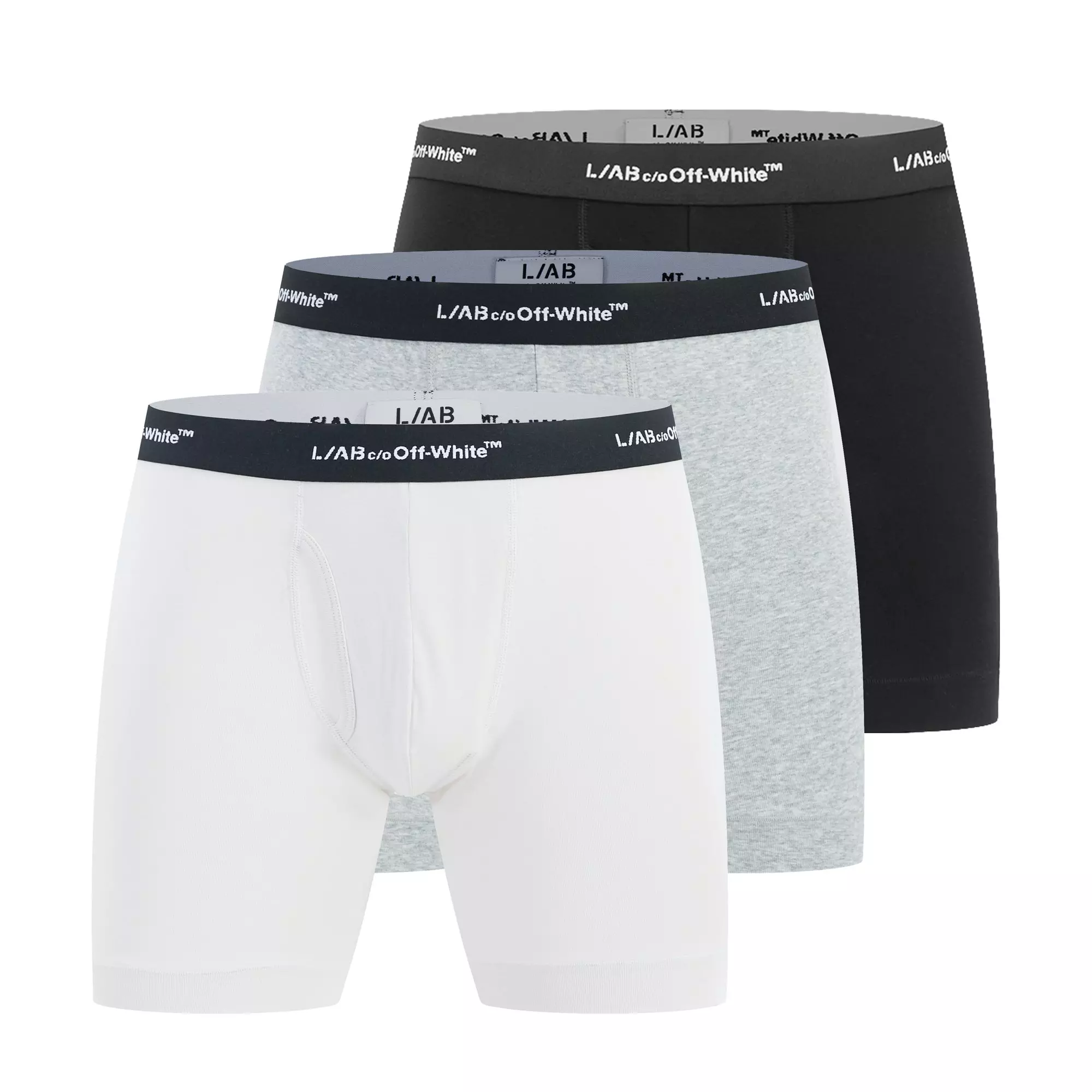 L/AB c/o Off-White Men's Horizontal Repeat 6" Boxer Brief With Fly (3 Pack) - Black/White/Grey - BLACK/WHITE/GREY