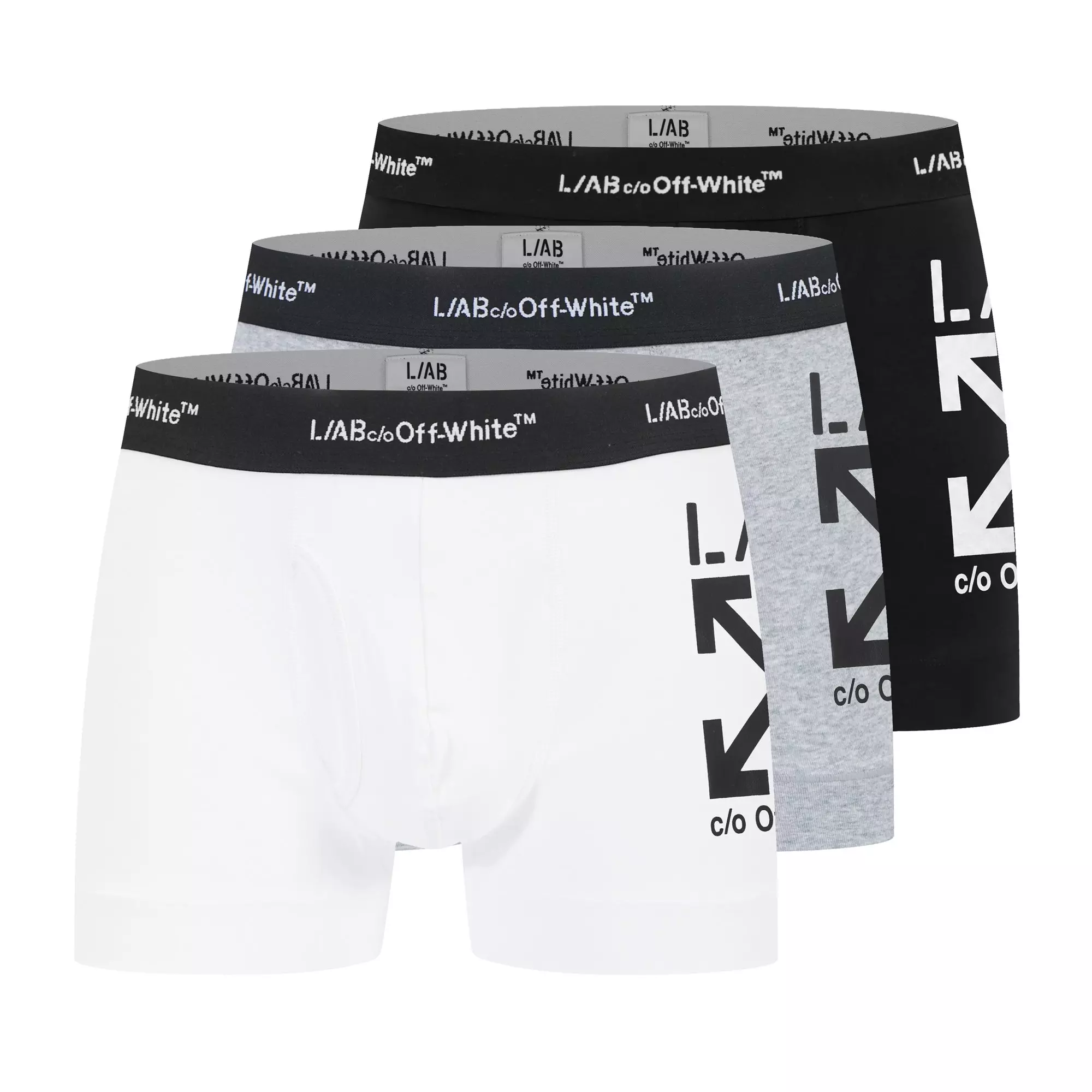 L/AB c/o Off-White Men's Horizontal Repeat Big Arrow 3" Trunk With Fly (3 Pack) - Black/White/Grey - BLACK/WHITE/GREY