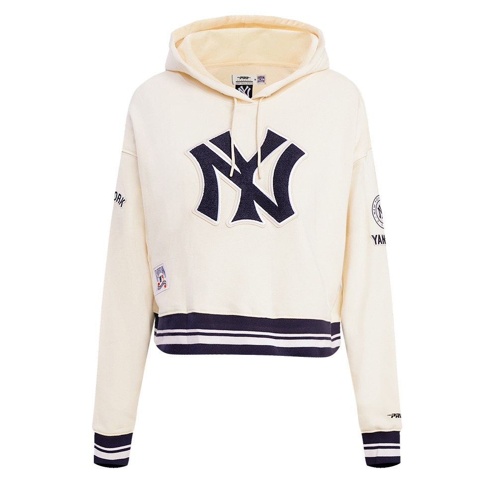 Pro Standard Women's MLB New York Yankees Retro Classic Cropped Fleece Hoodie -Eggshell/Navy - EGGSHELL/NAVY Thumbnail View 1