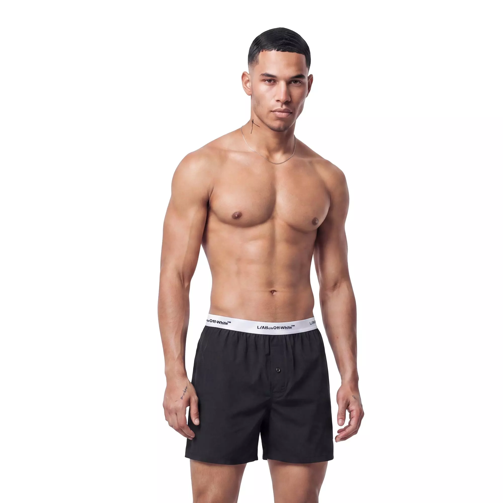 L/AB c/o Off-White Men's Horizontal Repeat Solid Woven Boxer With Fly - Black - BLACK