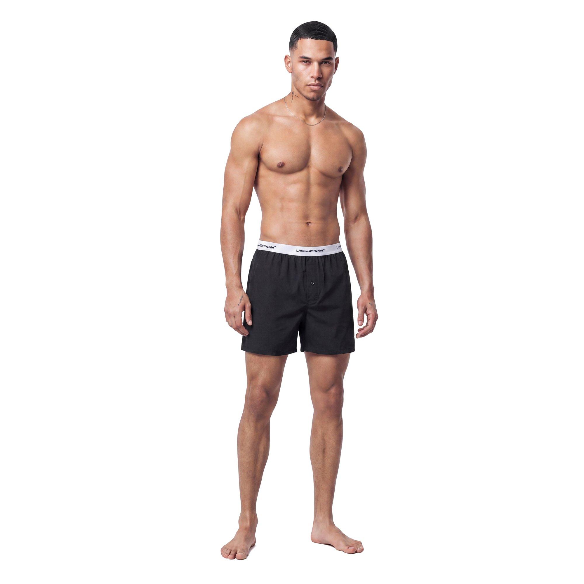 L/AB c/o Off-White Men's Horizontal Repeat Solid Woven Boxer With Fly - Black - BLACK