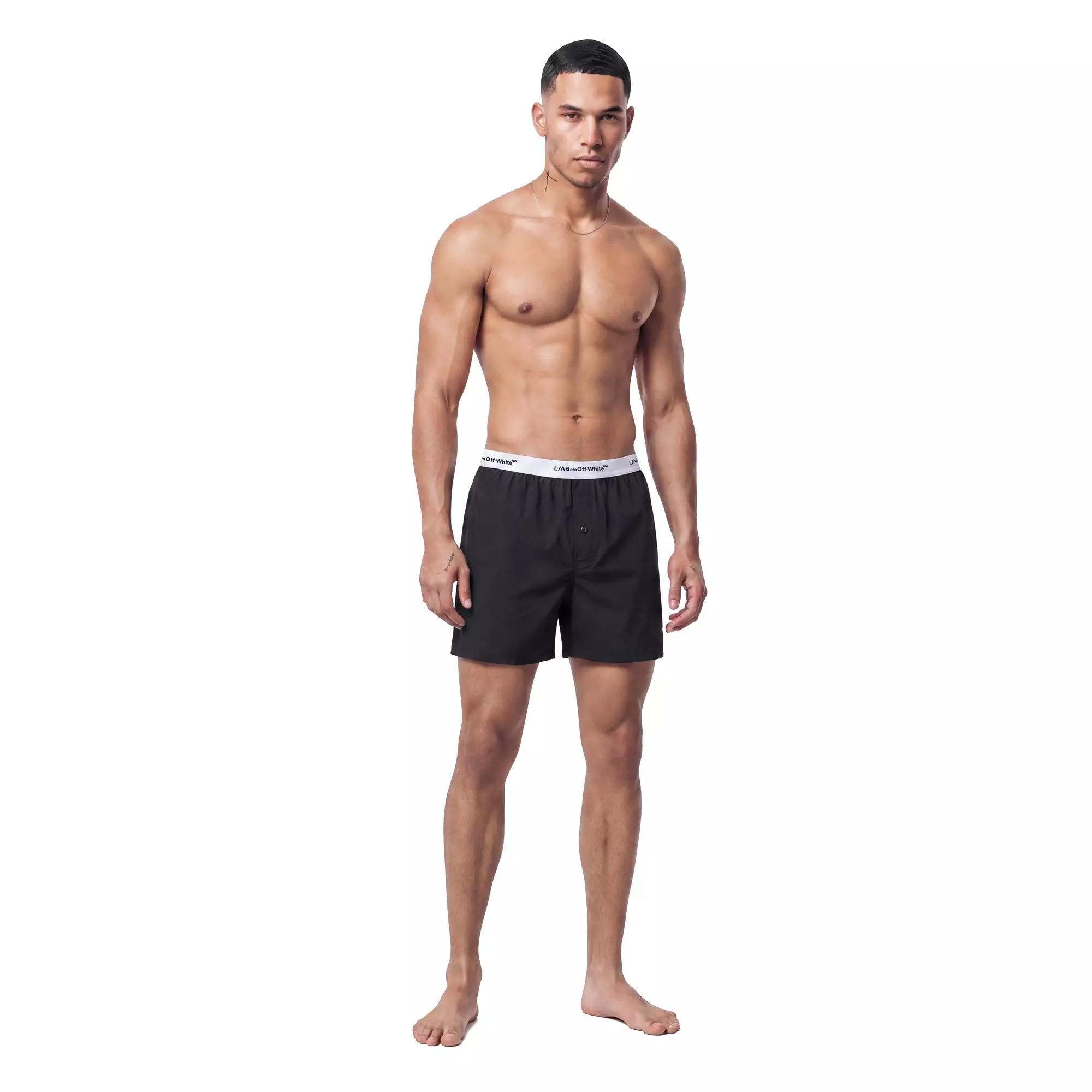 L/AB c/o Off-White Men's Horizontal Repeat Solid Woven Boxer With Fly - Black - BLACK