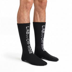 L/AB c/o Off-White Horizontal Big Logo Mid Calf Crew Socks (3 Pairs) &ndash; Black/White - BLACK/WHITE