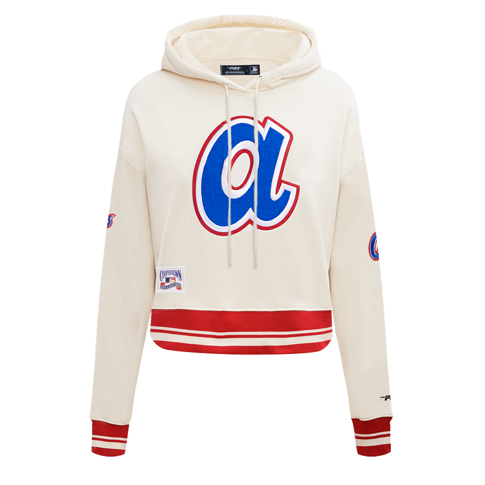 Pro Standard Women's MLB Atlanta Braves Retro Classic Cropped Fleece Hoodie - Eggshell/Red - EGGSHELL/RED Thumbnail View 1