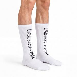 L/AB c/o Off-White Horizontal Big Logo Mid Calf Crew Socks (3 Pairs) &ndash; White/Black - WHITE/BLACK