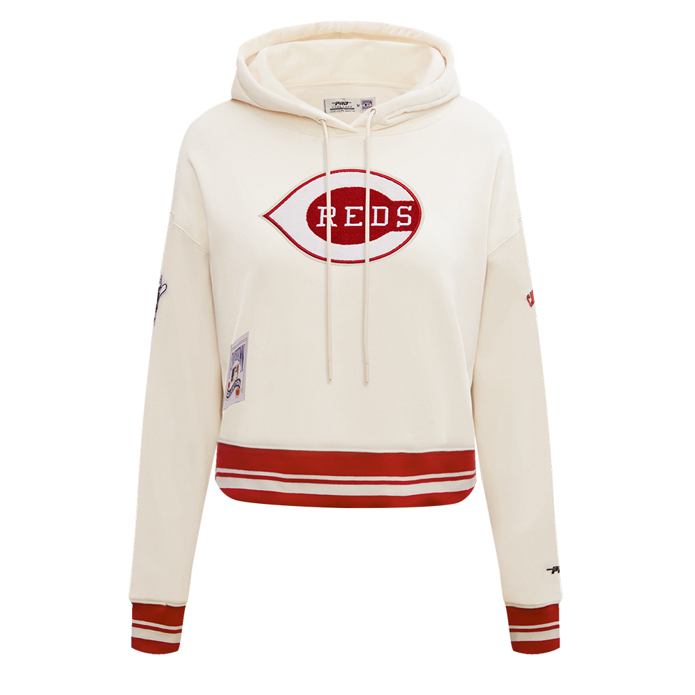 Pro Standard Women's MLB Cincinnati Reds Retro Classic Cropped Fleece Hoodie - Eggshell/Red - EGGSHELL/RED Thumbnail View 1