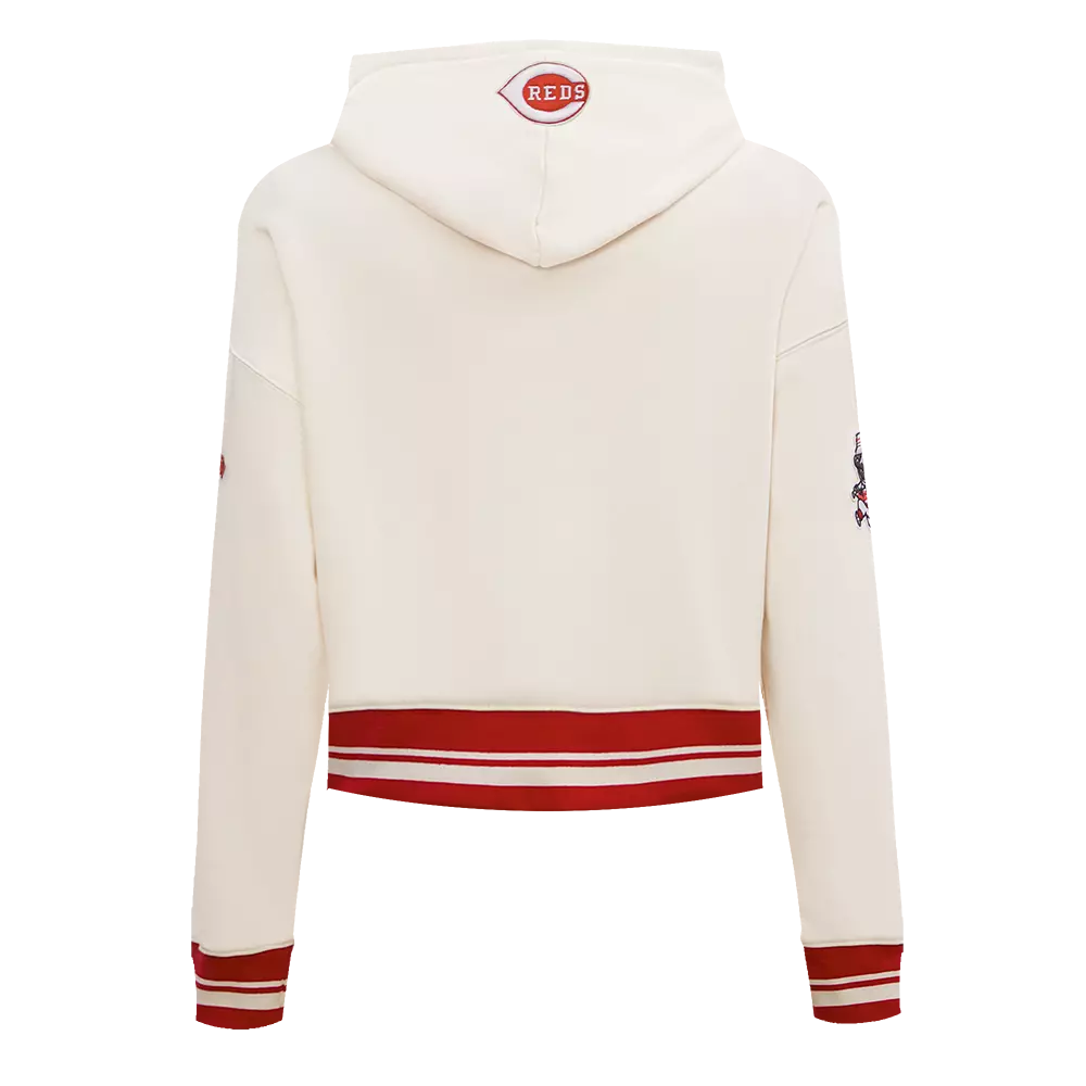 Pro Standard Women's MLB Cincinnati Reds Retro Classic Cropped Fleece Hoodie - Eggshell/Red - EGGSHELL/RED