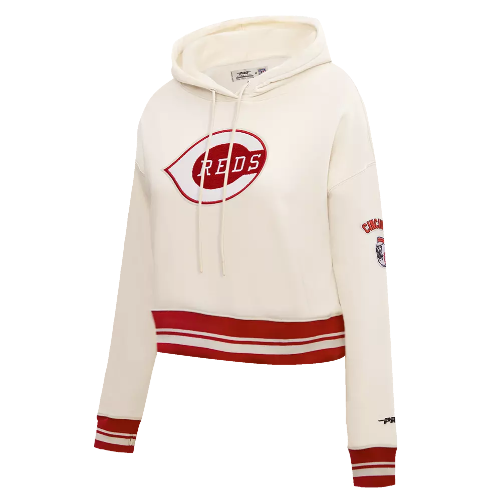 Pro Standard Women's MLB Cincinnati Reds Retro Classic Cropped Fleece Hoodie - Eggshell/Red - EGGSHELL/RED