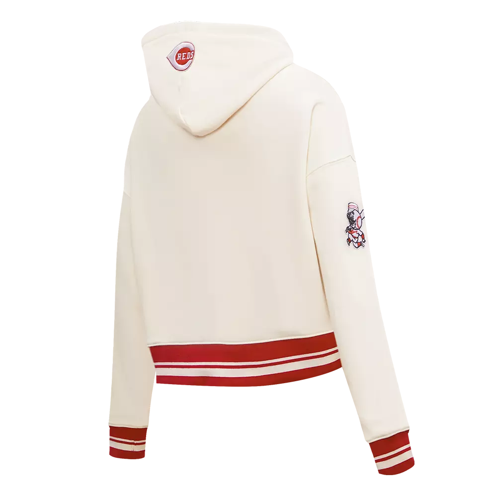 Pro Standard Women's MLB Cincinnati Reds Retro Classic Cropped Fleece Hoodie - Eggshell/Red - EGGSHELL/RED