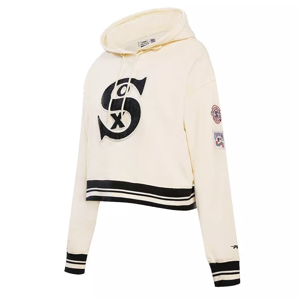 Pro Standard Women's MLB Chicago White Sox Retro Classic Cropped Fleece Hoodie - Eggshell/Black - EGGSHELL/BLACK