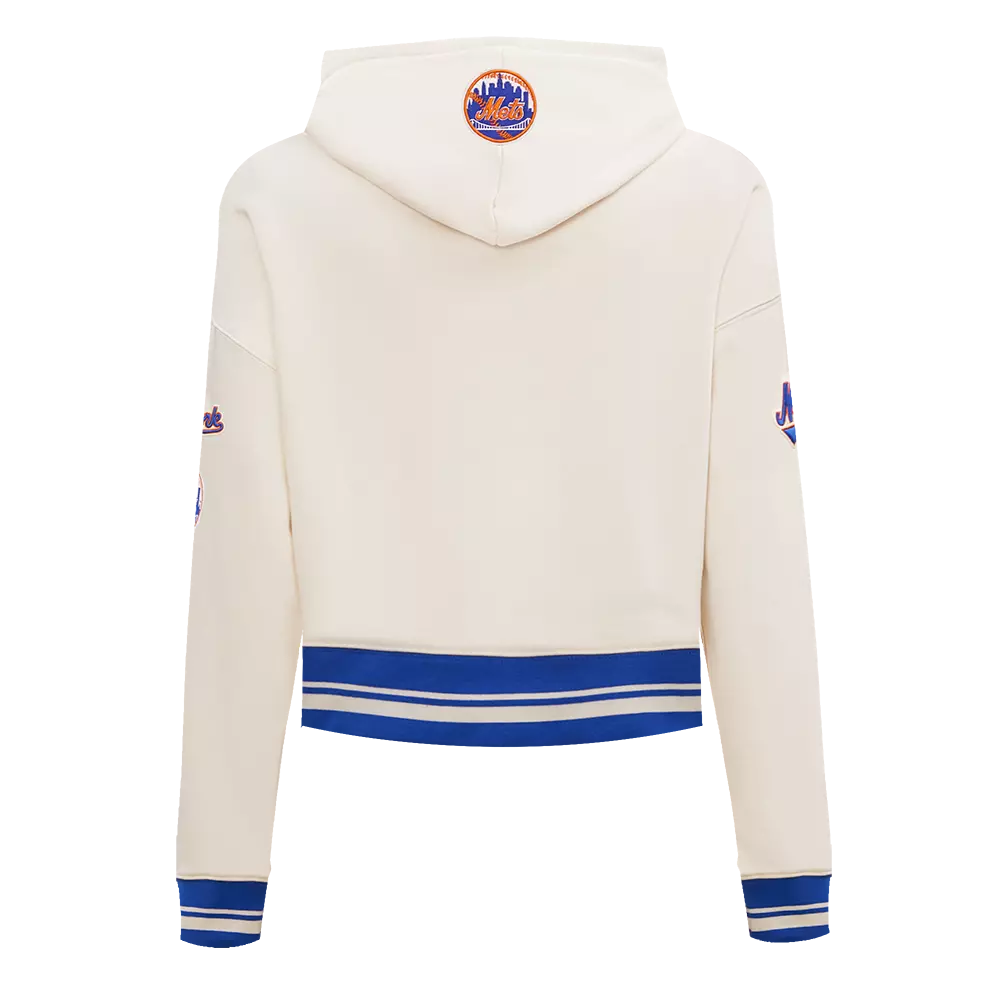 Pro Standard Women's MLB New York Mets Retro Classic Cropped Fleece Hoodie -Eggshell/Royal Blue - EGGSHELL/ROYAL BLUE