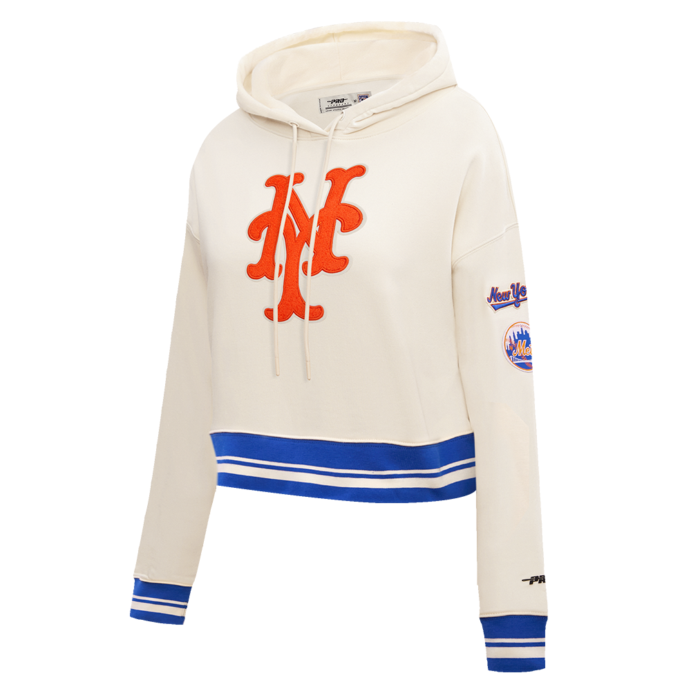 Pro Standard Women's MLB New York Mets Retro Classic Cropped Fleece Hoodie -Eggshell/Royal Blue - EGGSHELL/ROYAL BLUE Thumbnail View 3