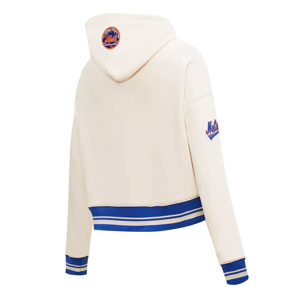 Pro Standard Women's MLB New York Mets Retro Classic Cropped Fleece Hoodie -Eggshell/Royal Blue - EGGSHELL/ROYAL BLUE