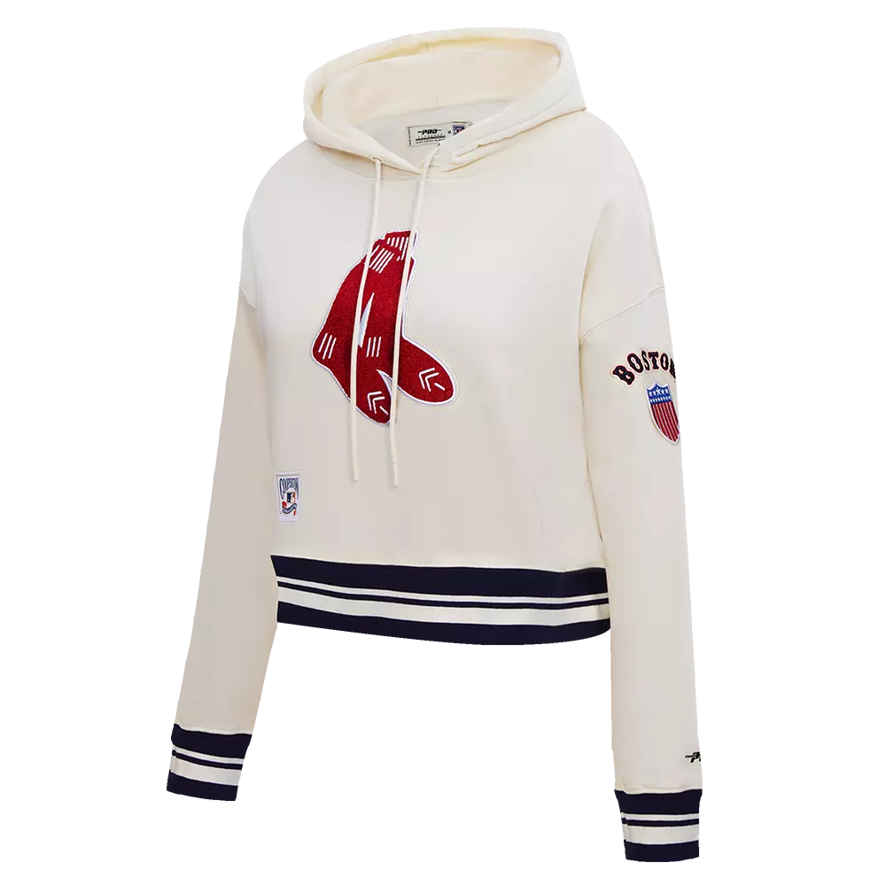 Pro Standard Women's MLB Boston Red Sox Retro Classic Cropped Fleece Hoodie -Eggshell/Navy - EGGSHELL/NAVY
