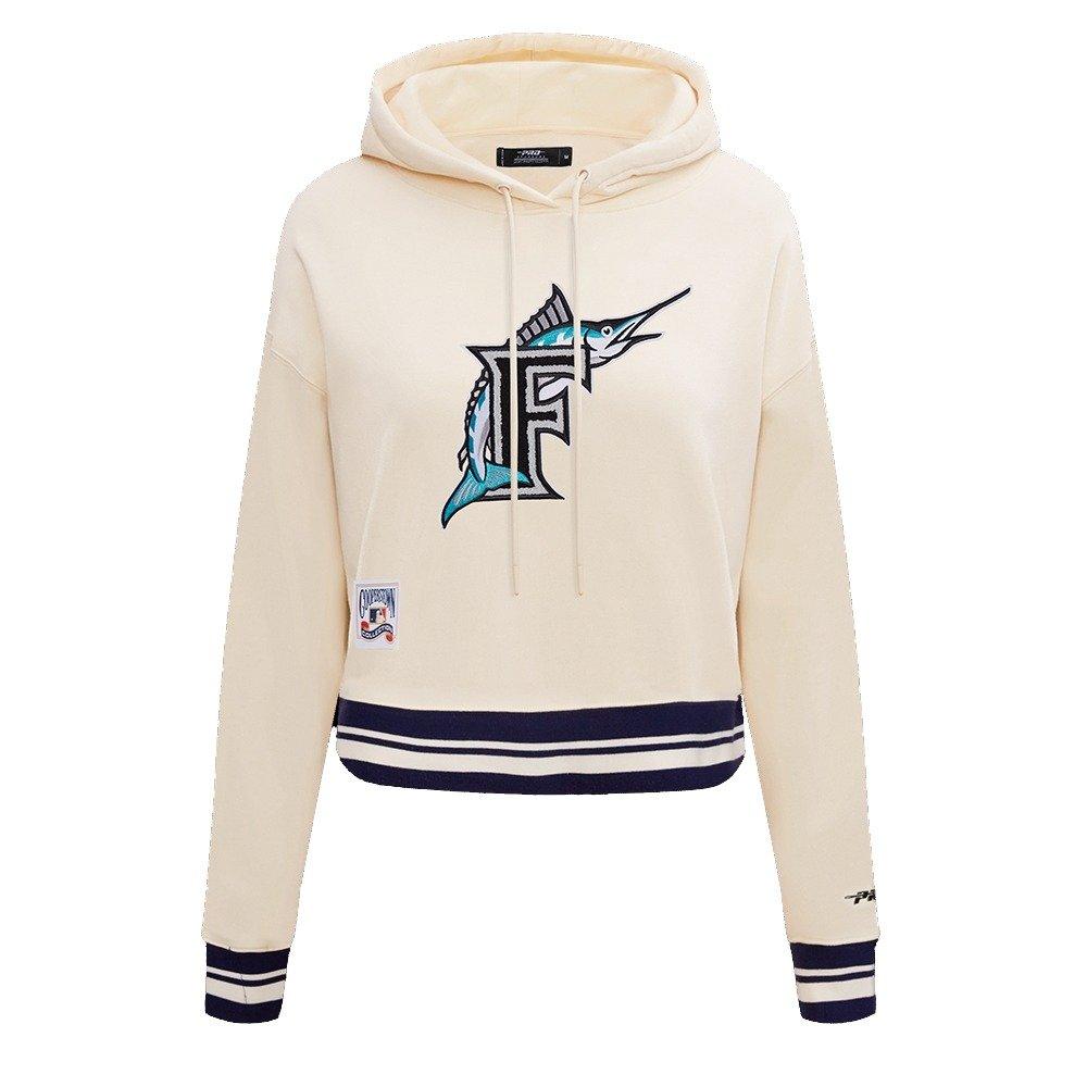 Pro Standard Women's MLB Miami Marlins Retro Classic Cropped Fleece Hoodie - Eggshell/Black - EGGSHELL/BLACK Thumbnail View 1