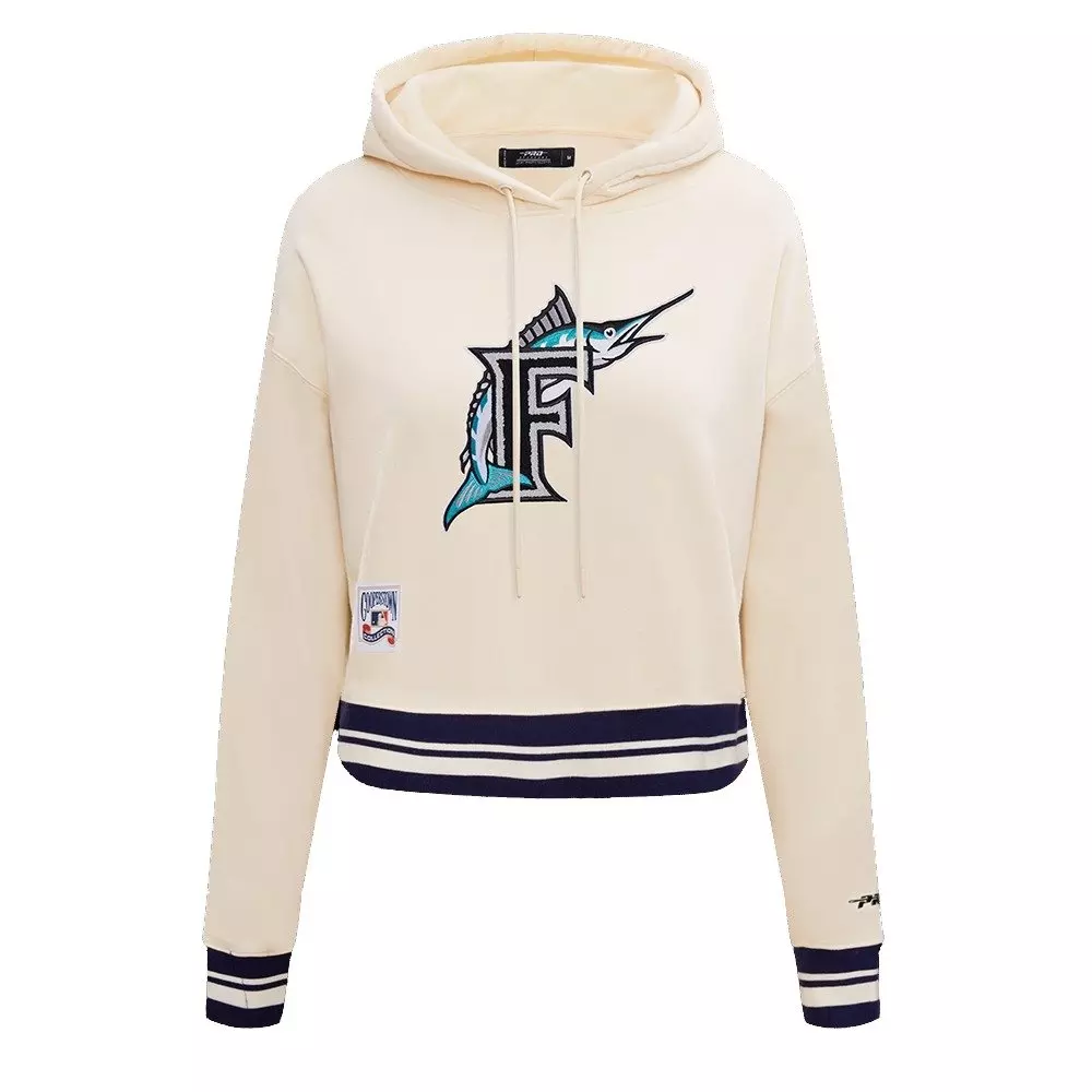 Pro Standard Women's MLB Miami Marlins Retro Classic Cropped Fleece Hoodie - Eggshell/Black - EGGSHELL/BLACK